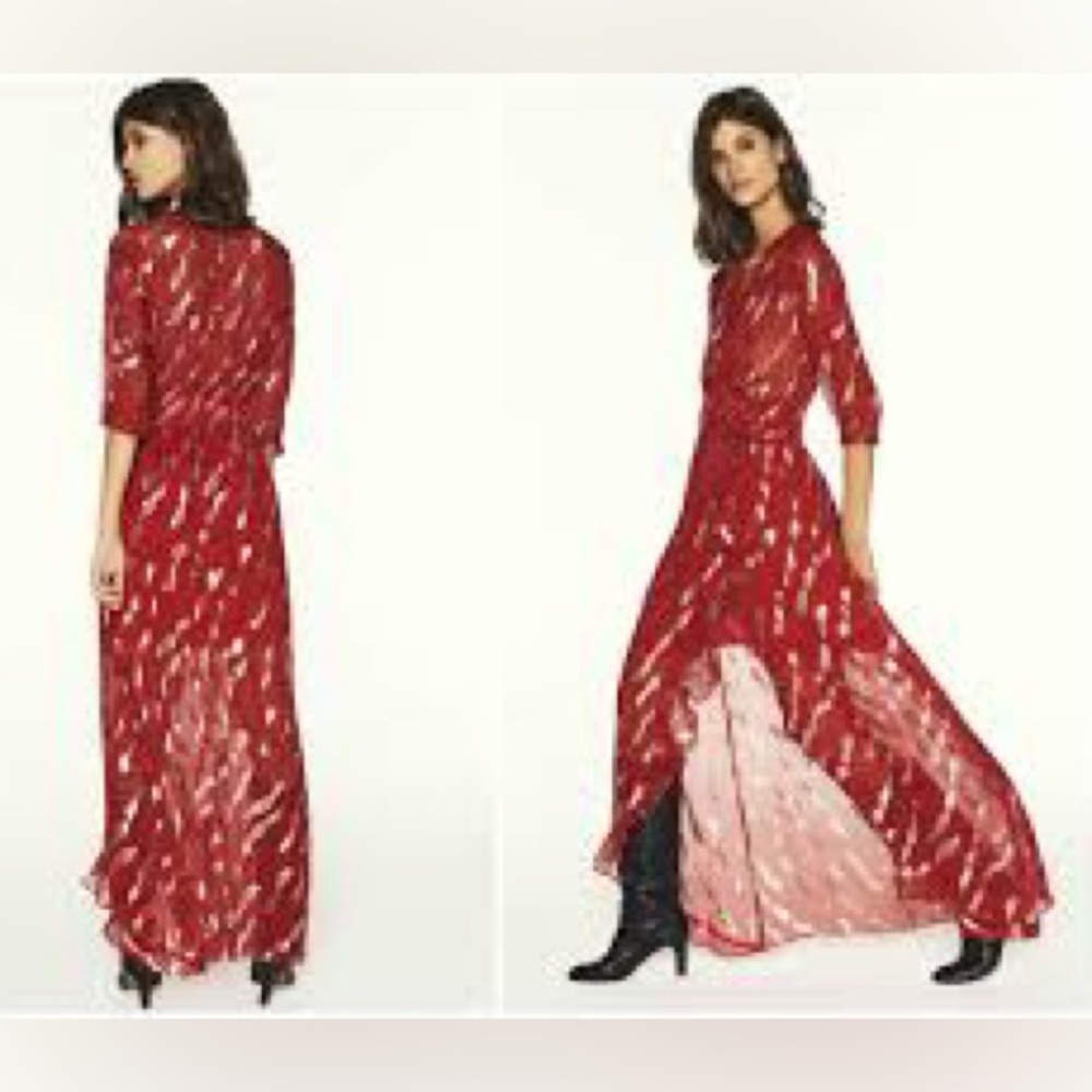 ba&sh Red V-Neck Hali Metallic Chiffon Print Silk Wrap Dress